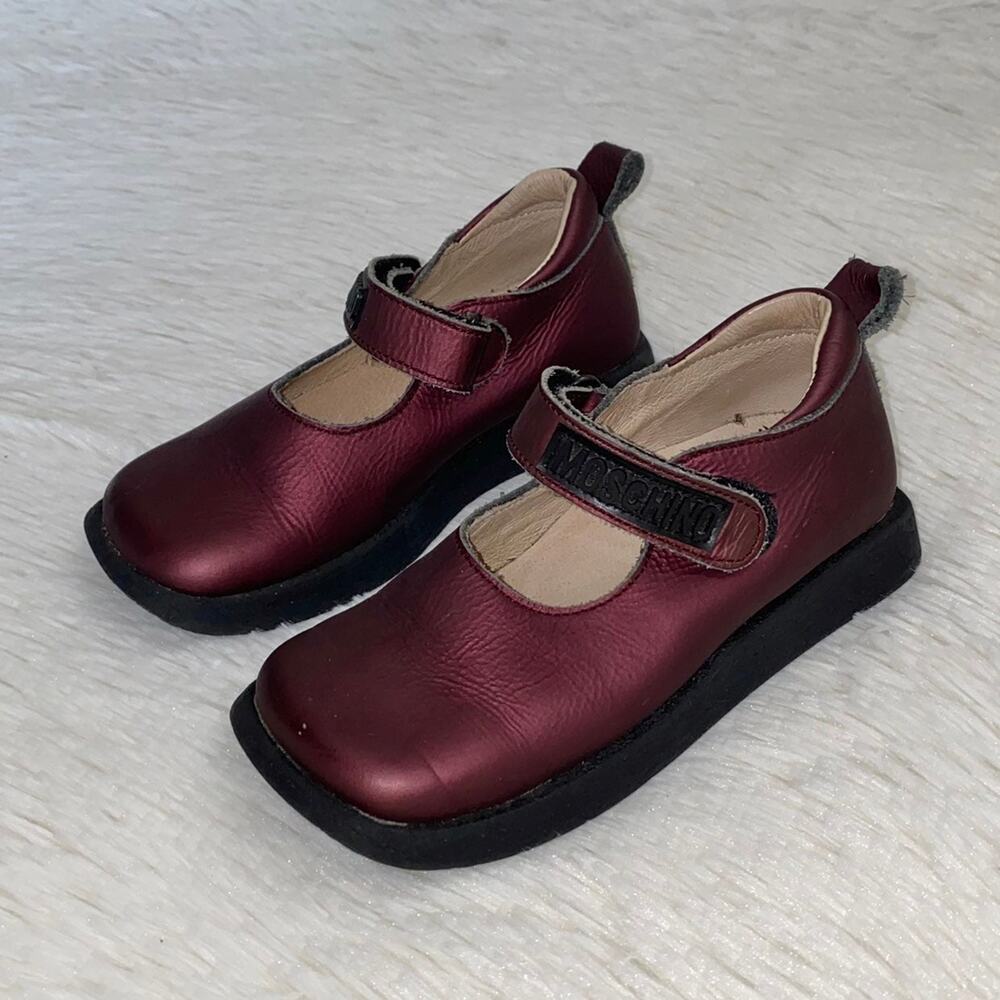 Love Moschino Burgundy Girls Sz 4 Mary Jane Leather Rubber Logo Shoes - Picture 3 of 13